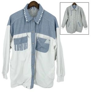 Vintage Current Seen White Blue Chambray‎ & Gray Reversible Snap Up Jacket OS